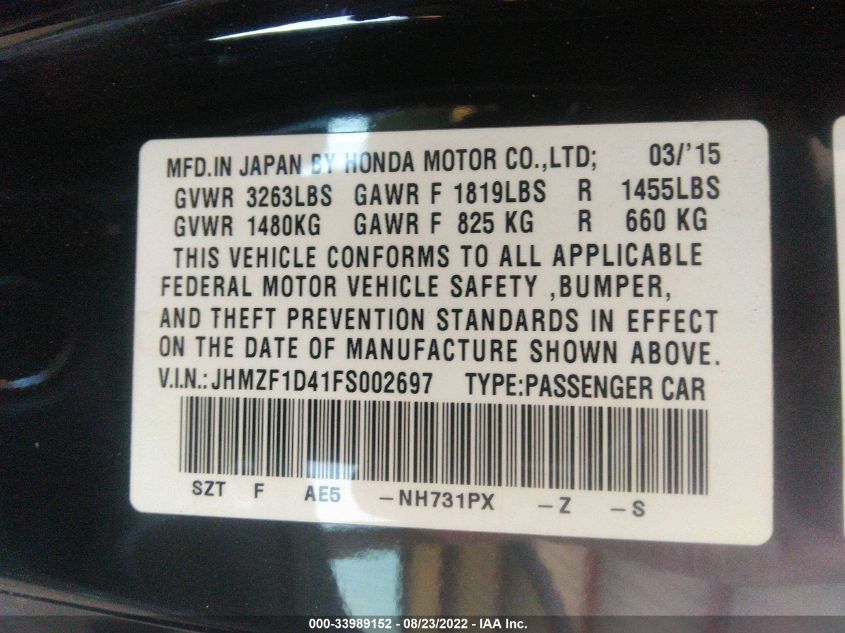 2015 HONDA CR-Z JHMZF1D41FS002697