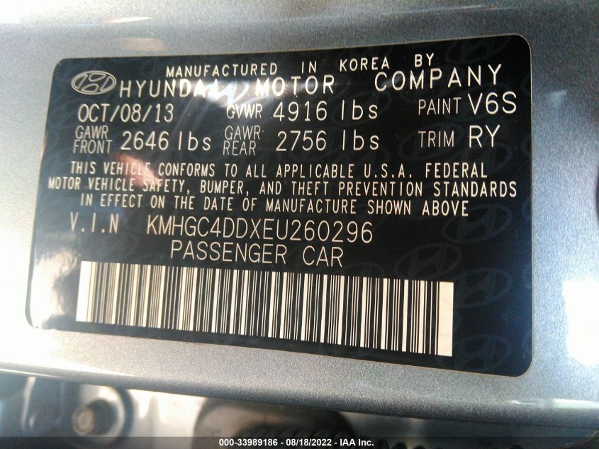 2014 HYUNDAI GENESIS 3.8L KMHGC4DDXEU260296