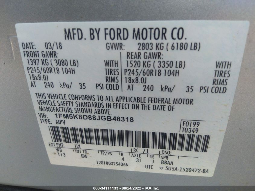 VIN 1FM5K8D88JGB48318 2018 FORD EXPLORER no.9