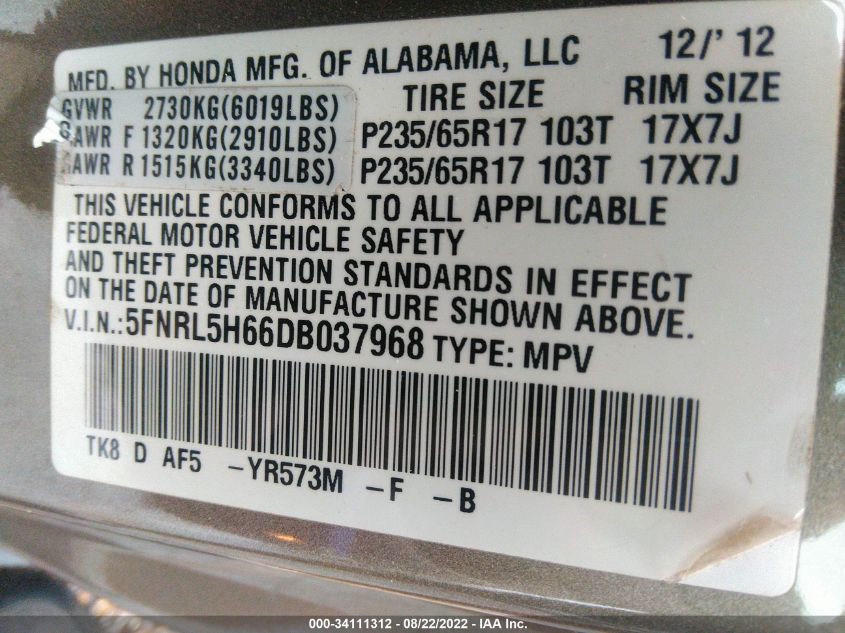 VIN 5FNRL5H66DB037968 2013 HONDA ODYSSEY no.9