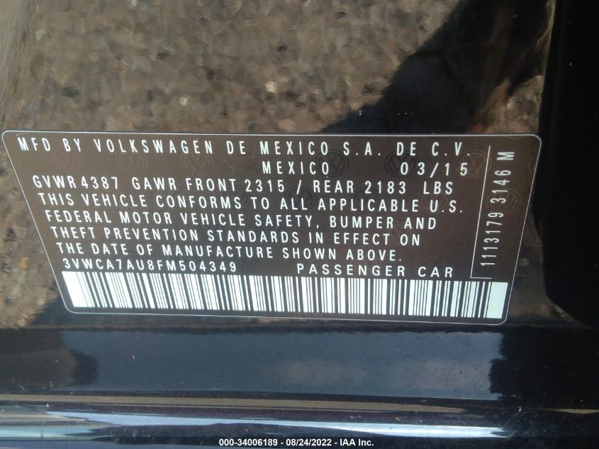 2015 VOLKSWAGEN GOLF SPORTWAGEN TDI S 3VWCA7AU8FM504349
