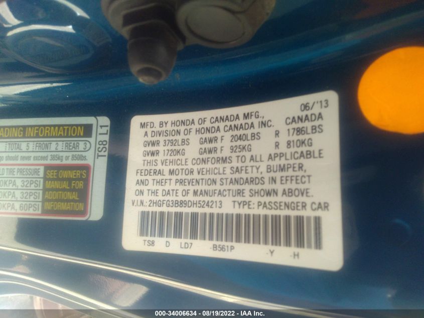 2013 HONDA CIVIC CPE EX 2HGFG3B89DH524213