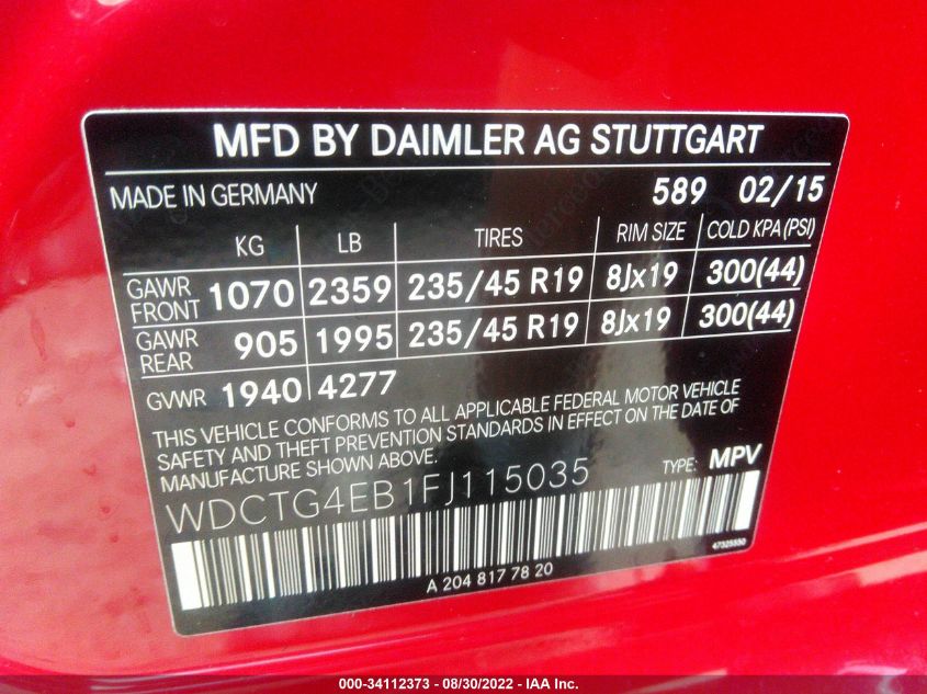 2015 MERCEDES-BENZ GLA-CLASS GLA 250 WDCTG4EB1FJ115035