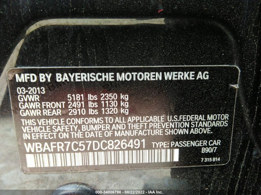 2013 BMW 5 SERIES 535I WBAFR7C57DC826491