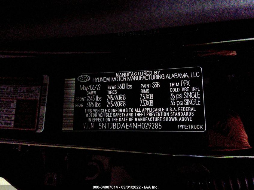 2022 HYUNDAI SANTA CRUZ SEL 5NTJBDAE4NH029285