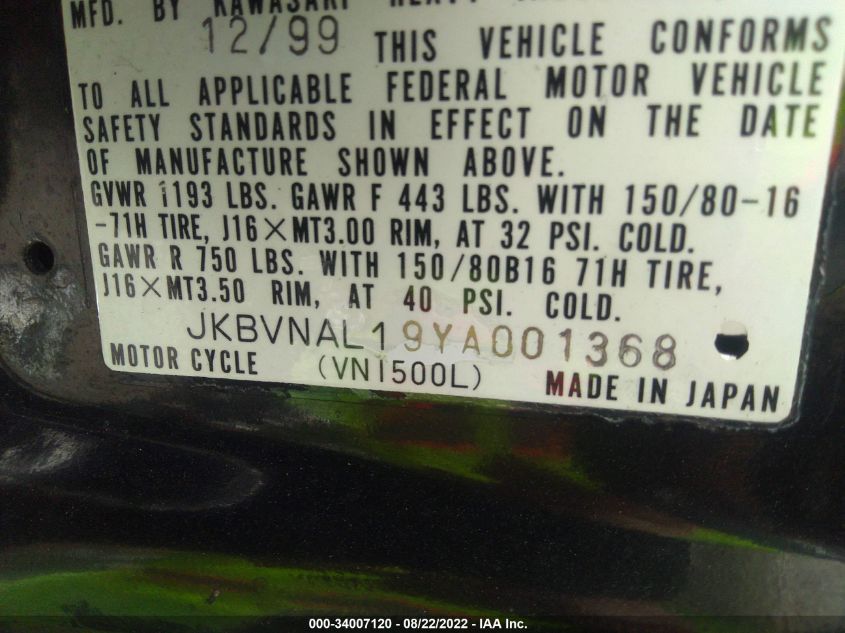 2000 KAWASAKI VN1500 L JKBVNAL19YA001368