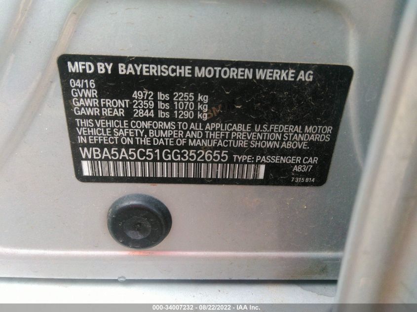 2016 BMW 5 SERIES 528I - WBA5A5C51GG352655