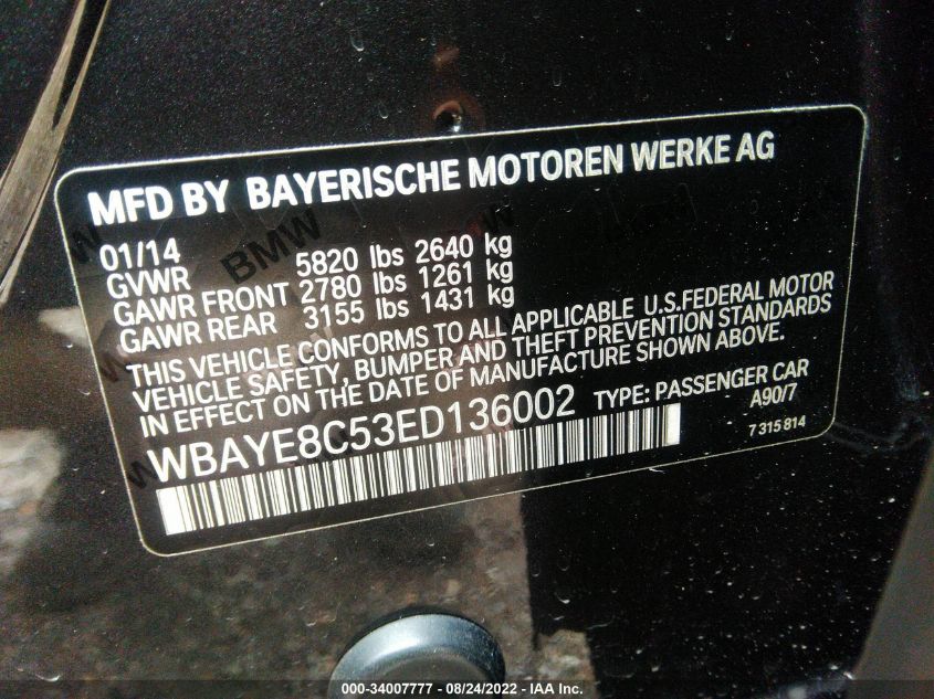 2014 BMW 7 SERIES 750LI WBAYE8C53ED136002
