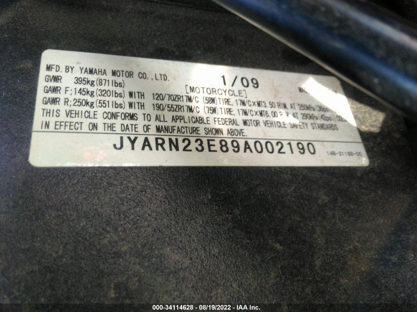 2009 YAMAHA YZFR1 JYARN23E89A002190