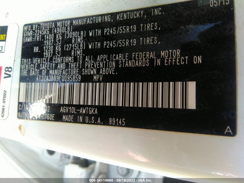 2015 TOYOTA VENZA LE/XLE 4T3ZA3BB9FU095859