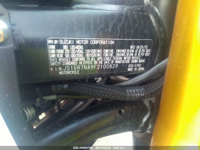 2015 SUZUKI GSX-S750 JS1GR7NA9F2100829