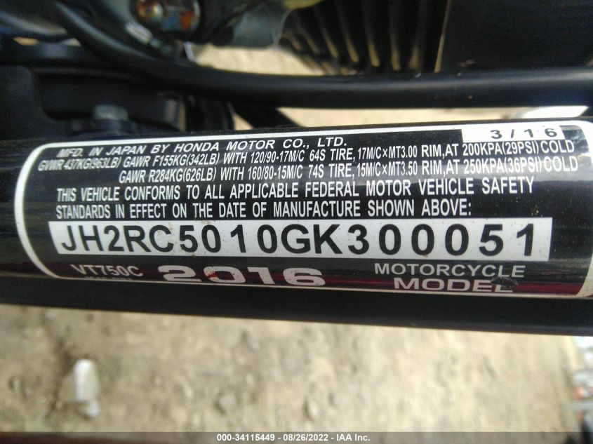 2016 HONDA VT750 C JH2RC5010GK300051