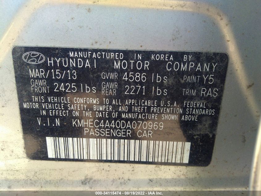 2013 HYUNDAI SONATA HYBRID KMHEC4A40DA070969