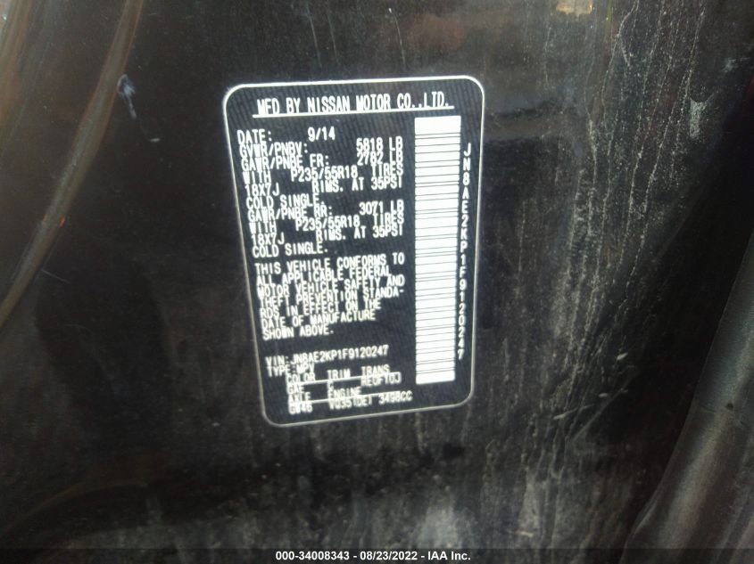 2015 NISSAN QUEST SL JN8AE2KP1F9120247