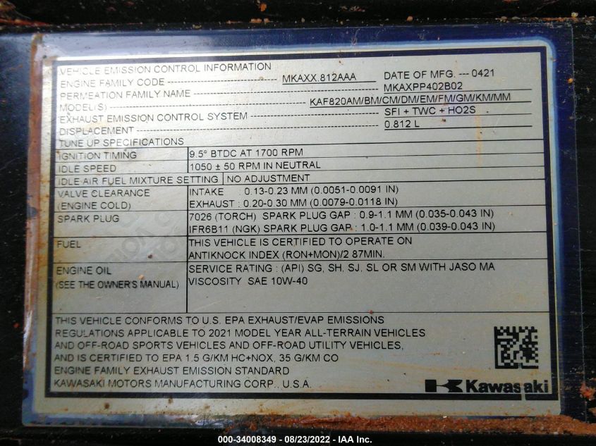 2021 KAWASAKI KAF820 B JKBAFSB17MB521852