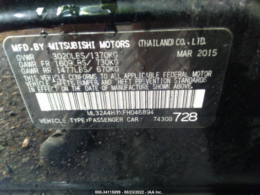 2015 MITSUBISHI MIRAGE ES/RF ML32A4HJXFH046894