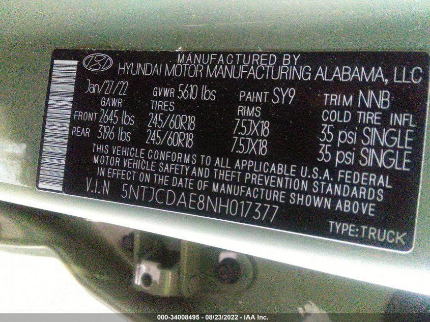 2022 HYUNDAI SANTA CRUZ SEL 5NTJCDAE8NH017377