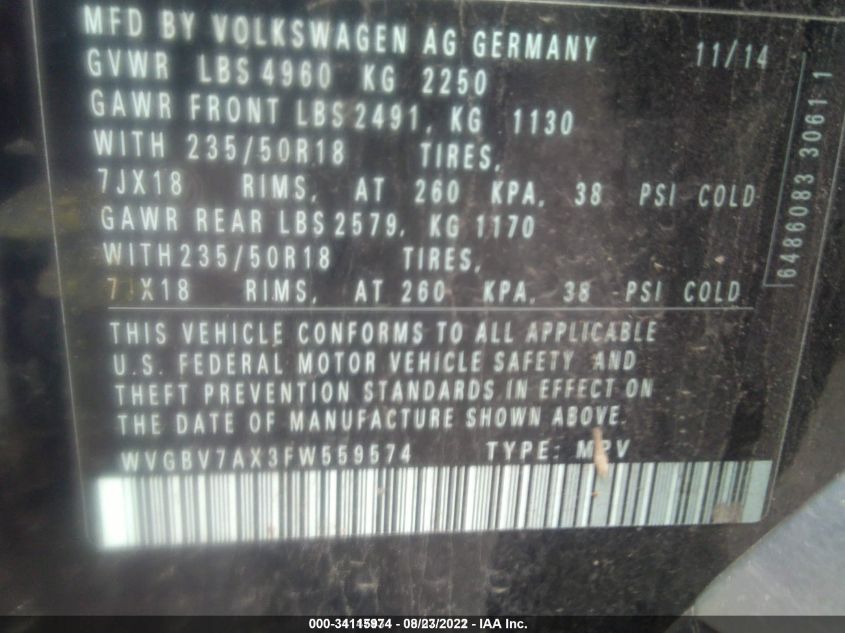 2015 VOLKSWAGEN TIGUAN SEL WVGBV7AX3FW559574