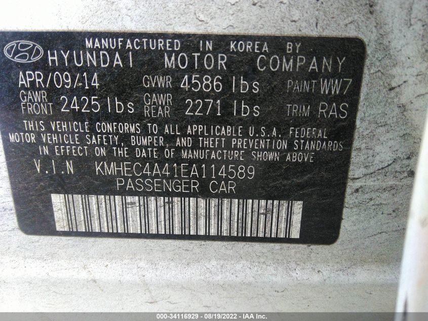2014 HYUNDAI SONATA HYBRID KMHEC4A41EA114589