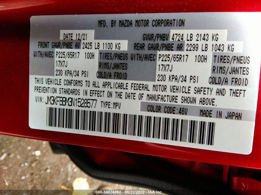 VIN JM3KFBBM3N1528577 2022 MAZDA CX-5 2.5 S SELECT PACKAGE