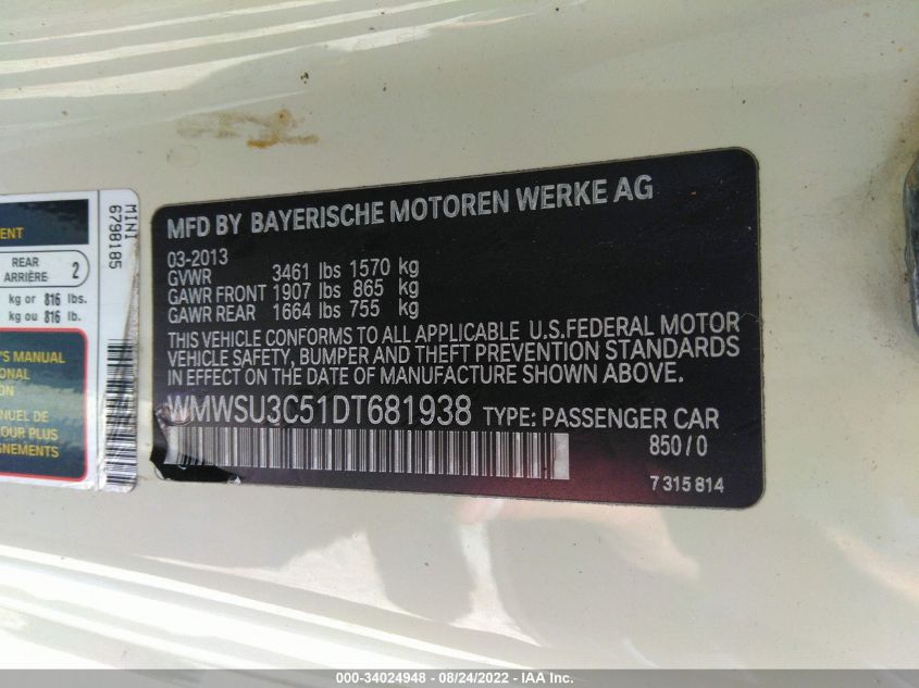 2013 MINI COOPER HARDTOP WMWSU3C51DT681938