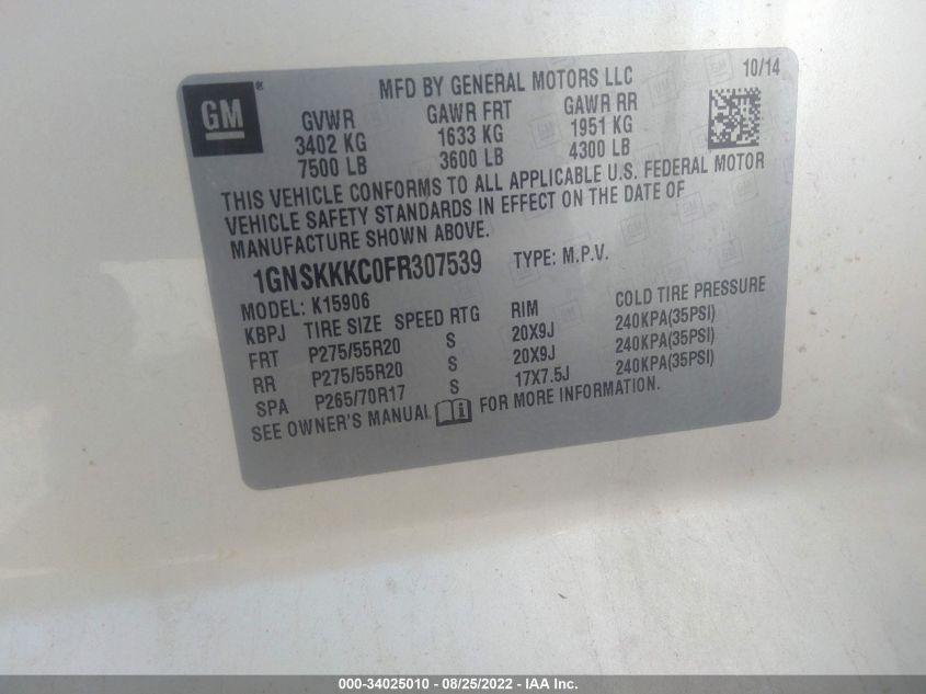 2015 CHEVROLET SUBURBAN 1500 LTZ 1GNSKKKC0FR307539