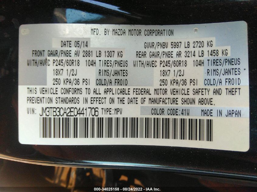 2014 MAZDA CX-9 TOURING JM3TB3CA2E0441706