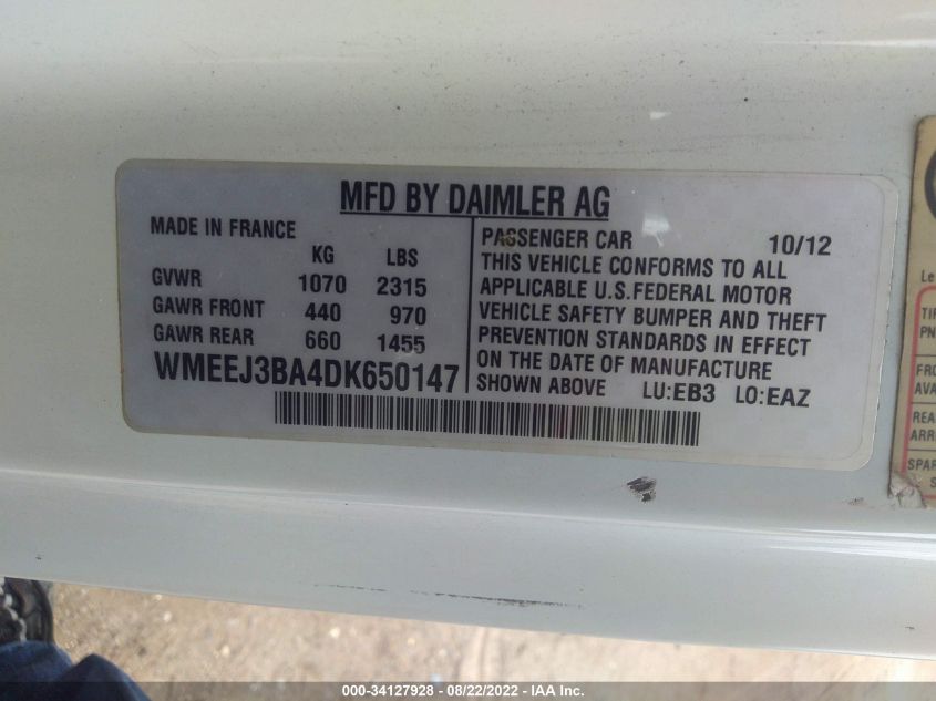 2013 SMART FORTWO PURE/PASSION WMEEJ3BA4DK650147