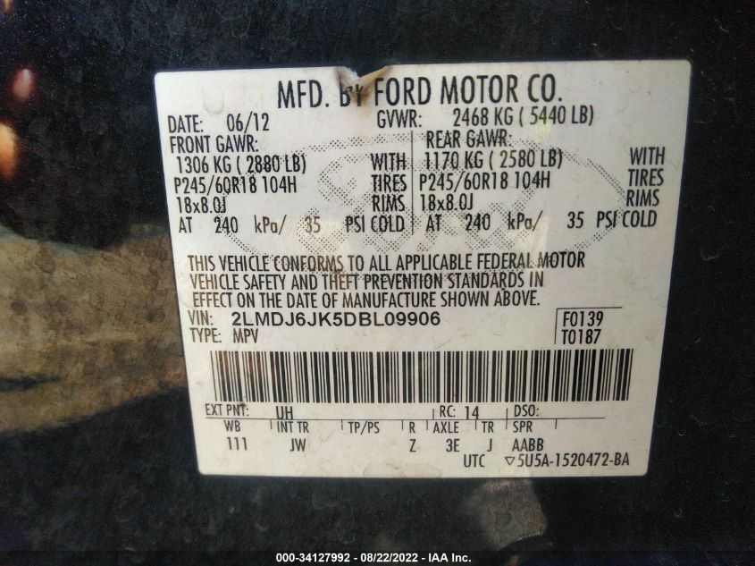 2013 LINCOLN MKX 2LMDJ6JK5DBL09906