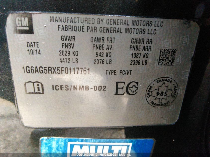 2015 CADILLAC ATS SEDAN 1G6AG5RX5F0117761