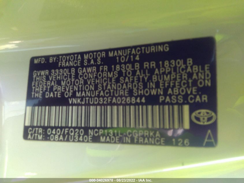 2015 TOYOTA YARIS L/LE VNKJTUD32FA026844