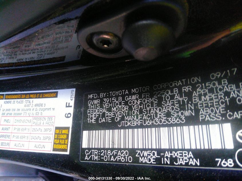 2017 TOYOTA PRIUS TWO/TWO ECO/THREE JTDKBRFU6H3053863