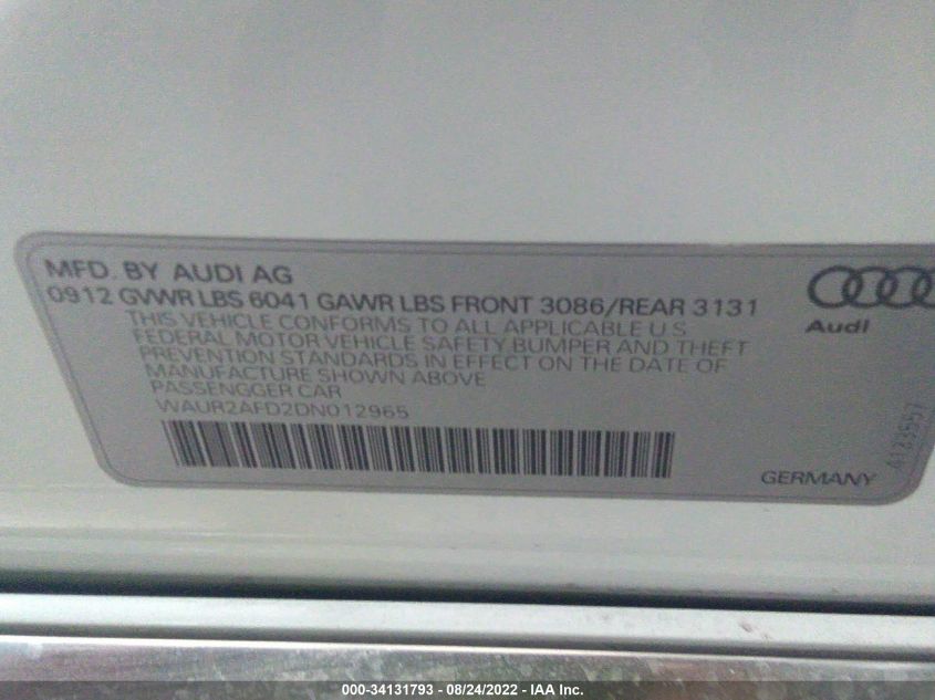 2013 AUDI A8 L 4.0L WAUR2AFD2DN012965