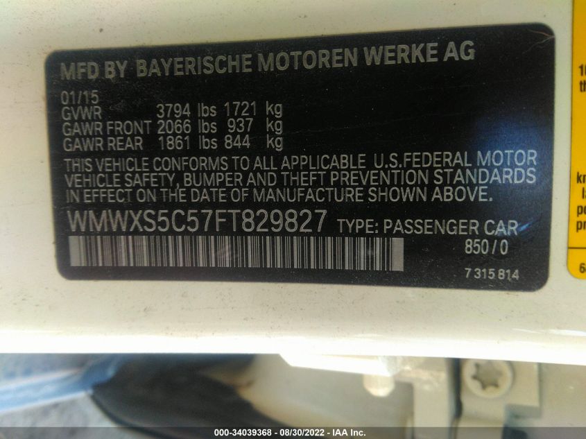 2015 MINI COOPER HARDTOP 4 DOOR WMWXS5C57FT829827