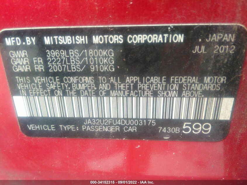 2013 MITSUBISHI LANCER ES JA32U2FU4DU003175