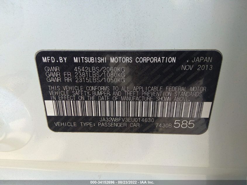 2014 MITSUBISHI LANCER EVOLUTION GSR JA32W8FV3EU014630