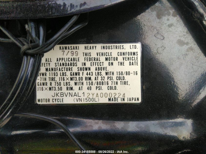 2000 KAWASAKI VN1500 L JKBVNAL12YA000224