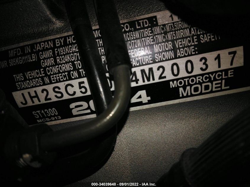 2004 HONDA ST1300 JH2SC51064M200317