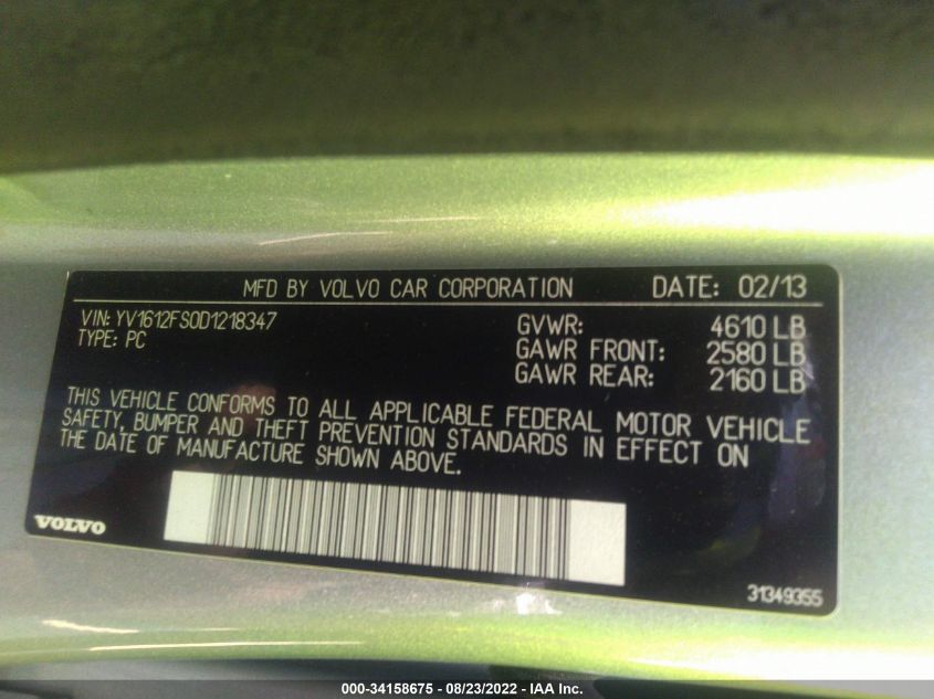 2013 VOLVO S60 T5 YV1612FS0D1218347