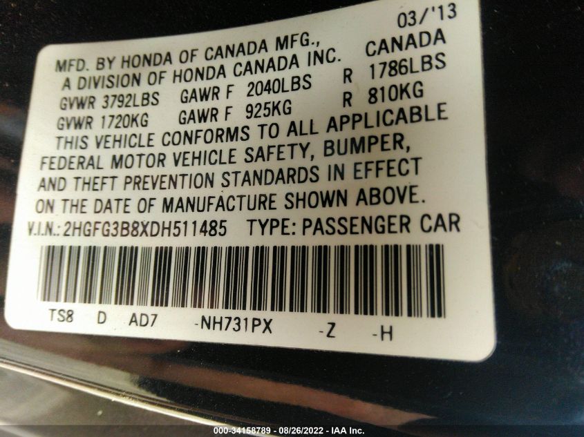 2013 HONDA CIVIC CPE EX 2HGFG3B8XDH511485