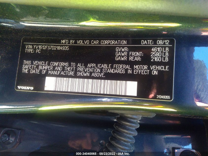 2013 VOLVO S60 T5 YV1612FS7D2184935