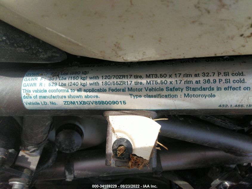 2009 DUCATI 848 ZDM1XBGV89B009015