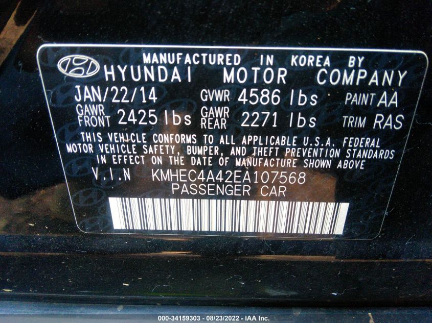 2014 HYUNDAI SONATA HYBRID LIMITED KMHEC4A42EA107568