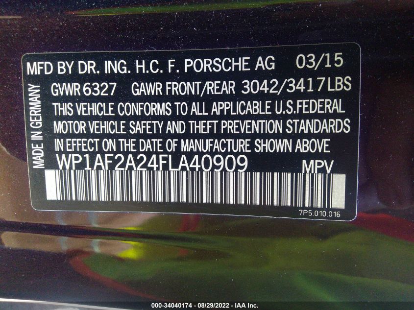 2015 PORSCHE CAYENNE DIESEL WP1AF2A24FLA40909
