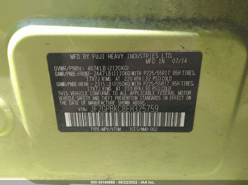 2014 SUBARU XV CROSSTREK HYBRID TOURING JF2GPBKC8EH325759
