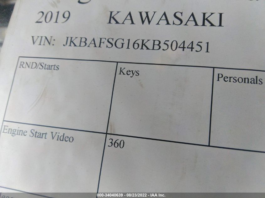2019 KAWASAKI KAF820 G JKBAFSG16KB504451
