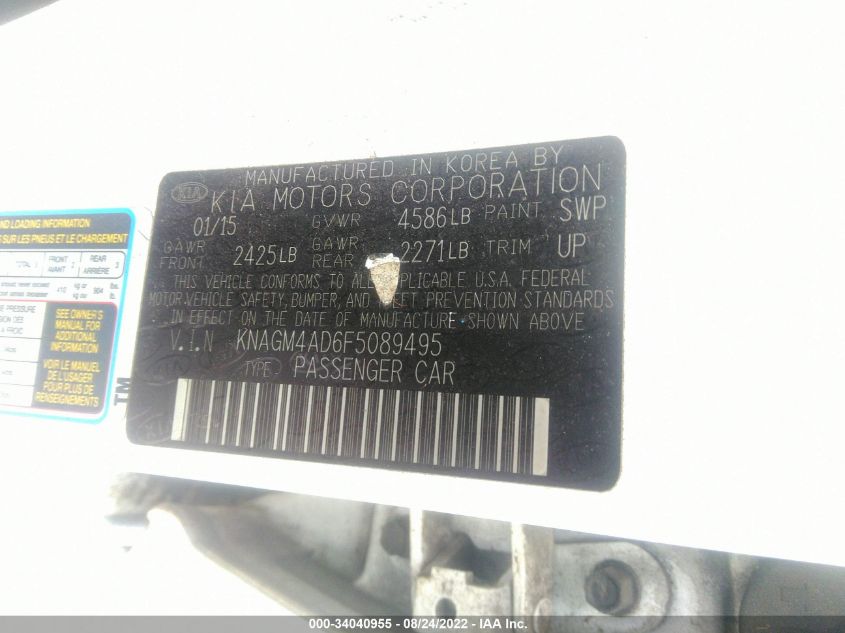 2015 KIA OPTIMA HYBRID KNAGM4AD6F5089495