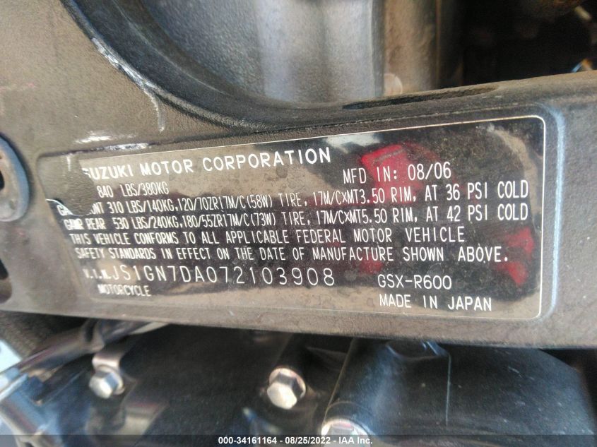 2007 SUZUKI GSX-R600 JS1GN7DA072103908