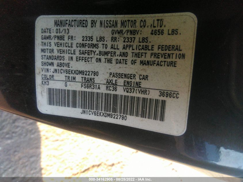 2013 INFINITI G37 COUPE SPORT 6MT JN1CV6EKXDM922790