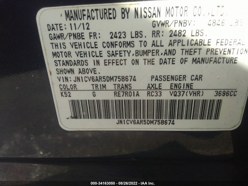 2013 INFINITI G37 SEDAN X JN1CV6AR5DM758674